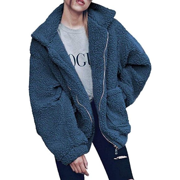 Women's Navy Blue Fuzzy Fleece Faux Zipper Winter Warm Jackets Coat Vest Outwear
